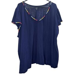 Crown and Ivy 4X navy cotton tee pom trim v neck short sleeve